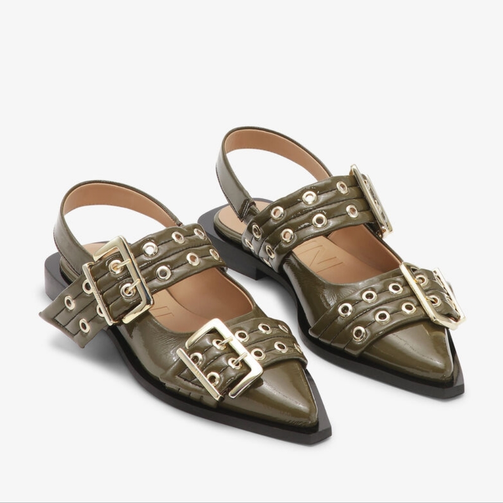 NEW $425 Ganni Olive Green Buckle Ballerina Flats Size 36